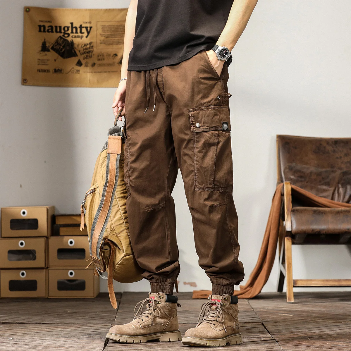 Cargo Pants Man's High Waist Drawstring Casual Pants Fashion Slim High Street Straight Pencil Workwear Trousers Trend Streetwear