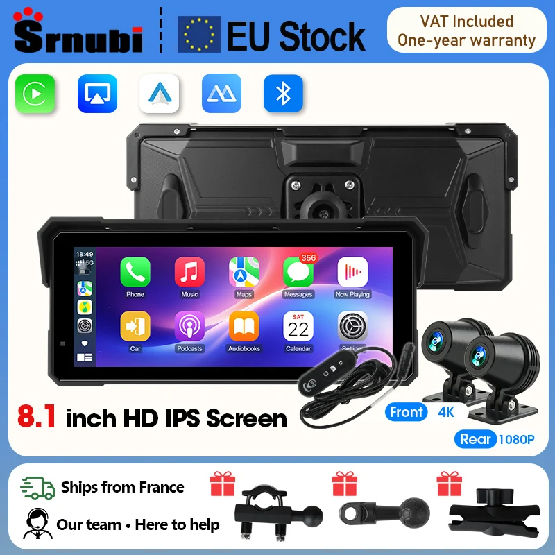 Srnubi 8.1" Navigation Moto Écran Avant 4K Arrière 1080P Carplay Android Auto DVR Étanche IPX7 Portable Bluetooth Moniteur Moto