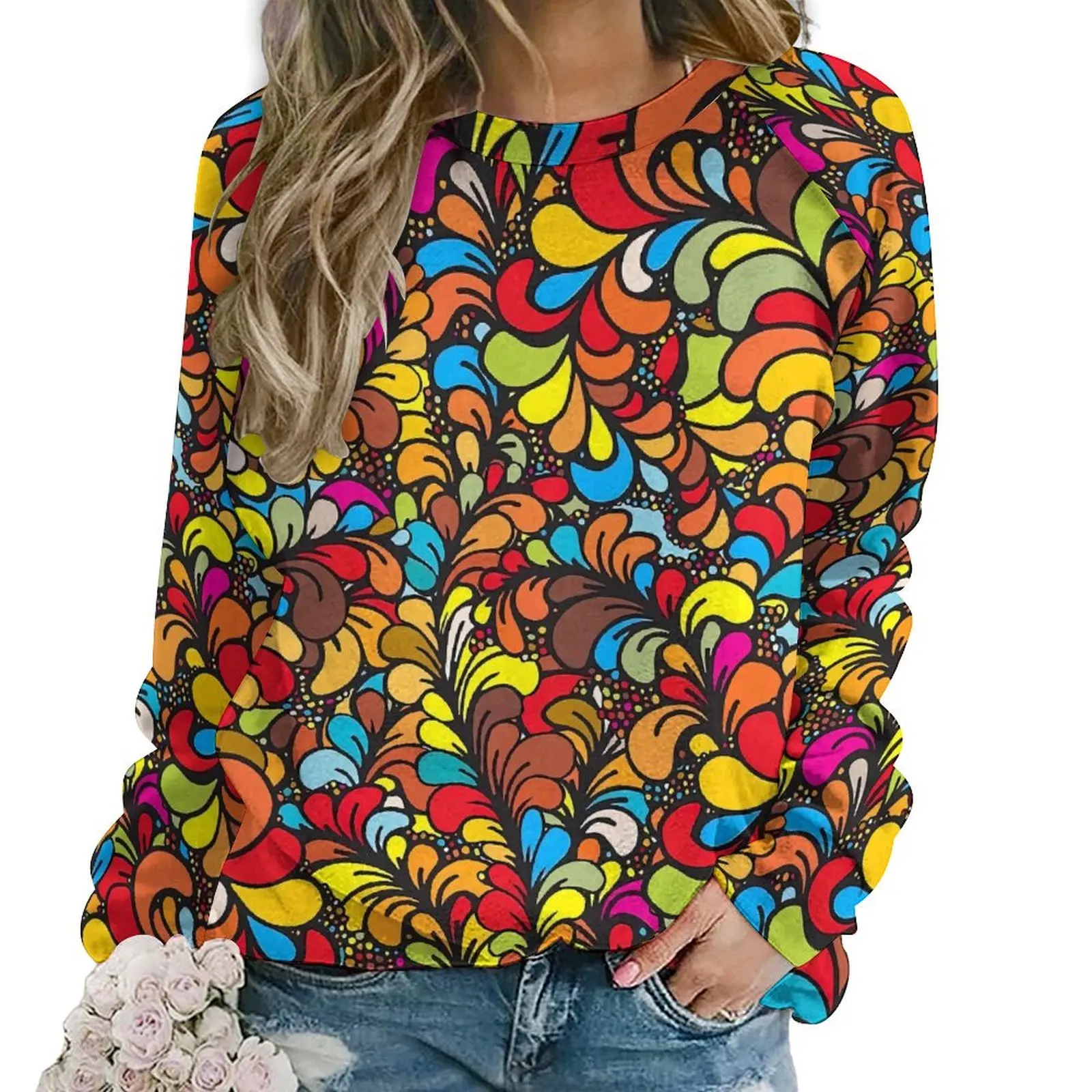 Boho Floral Hoodies Colorful Print Hip Hop Oversized Hoodie Womens Long-Sleeve Aesthetic Design Casual Sweatshirts