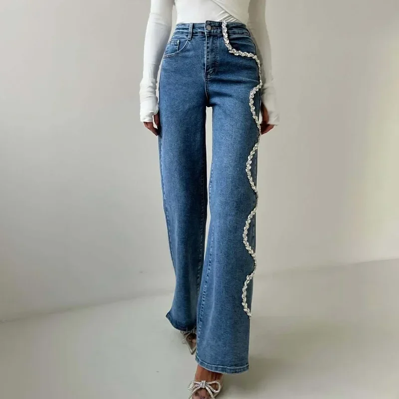 Jeans Berlian Imitasi Elegan untuk Wanita Celana Baggy Lurus Longgar Jeans Pinggang Tinggi Celah Celana Denim Katun Chic Fashion Wanita