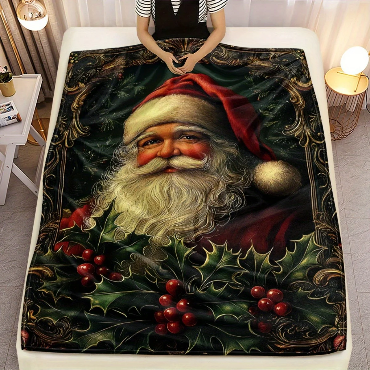 1pc Framed Santa Claus Printed Throw Blanket, Lightweight Soft‑Warm Digital‑Print Blanket for Sofa, Bed, Living Room, Office