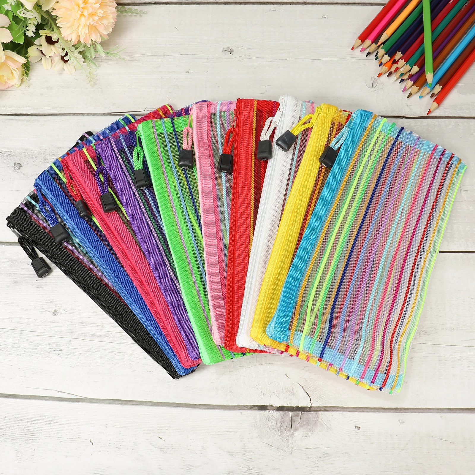 6Pcs A5/B6 Mesh Zipper Pouch Rainbow Color File Bags Colorful Nylon Mesh Document Bag Multipurpose Travel Bags File Organizer