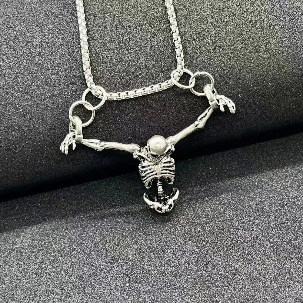 Collar de crucifixión colgante de esqueleto de Metal Vintage Punk, collar con colgante de calavera de hombre castigado de HipHop, joyería para fiesta de Halloween