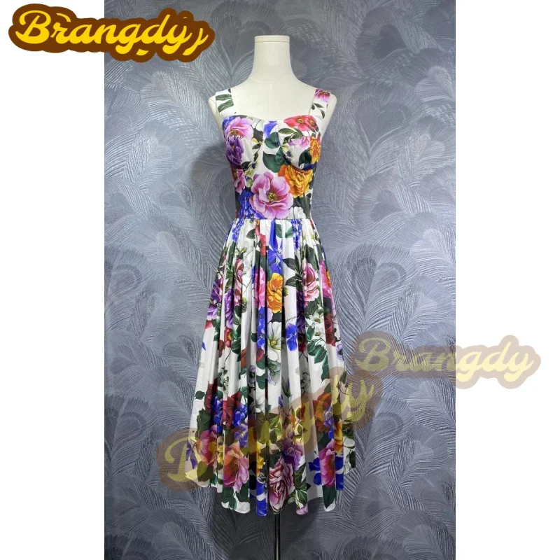 

Trade Women's Clothing 2025 Summer New Sling Cotton Printed Waist-Controlled Dress in Stock Real Shot
