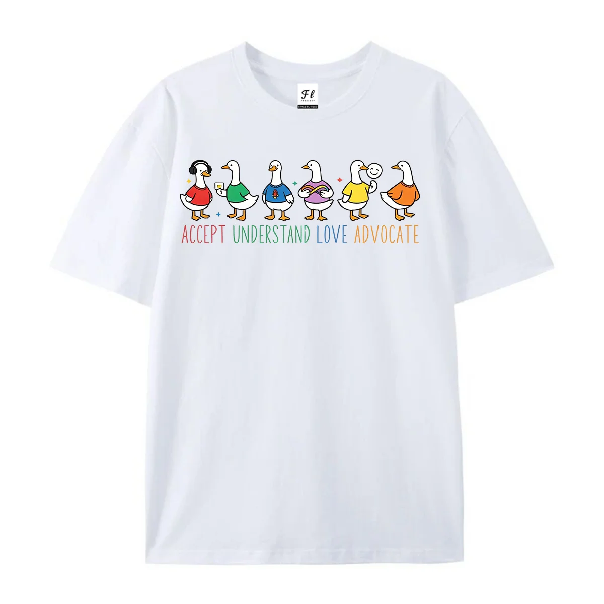 Accept Understand Love Advocate Cute Rainbow Ducks Graphic T-Shirt Women Autism Awareness Duck Cartoon Tee Inspirational Shirts