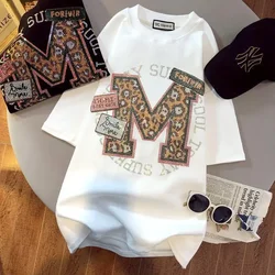 Summer Loose Women's Hot Drill Letter M Diamonds Short-sleeved T-shirt Women Kawaii Clothes Streetwear Women  fashion Top 2022