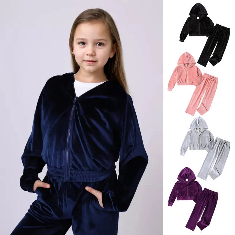 

2026Autumn and winter girls' sports hat and velvet suit, casual sweatshirt two-piece set