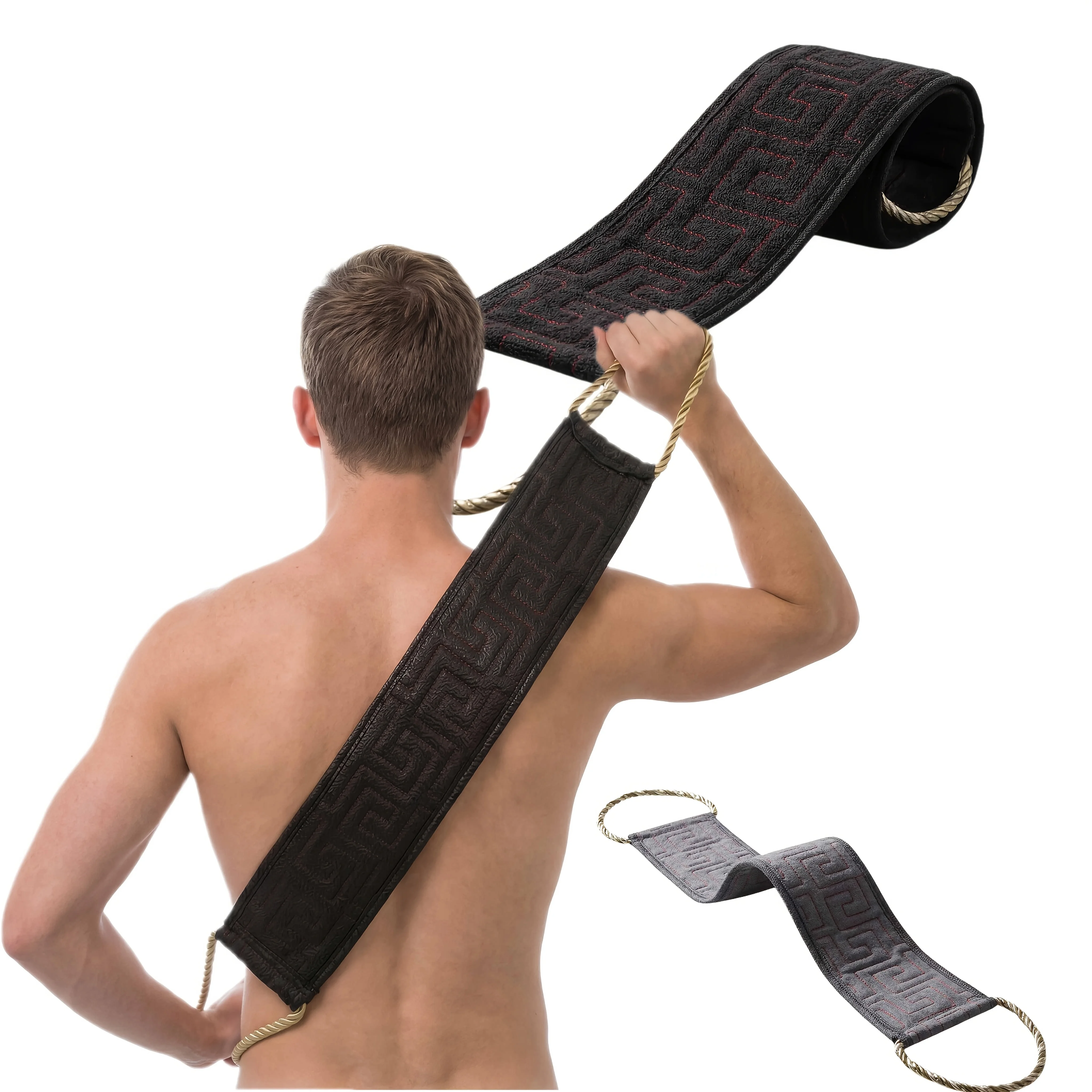 4-Piece Set of Black Nine-Grid Bath Towels, Back Scrubber, Exfoliating Towel, Long Strip Bath Towel, Powerful Exfoliating Towel, Practical Gift for Christmas and Halloween