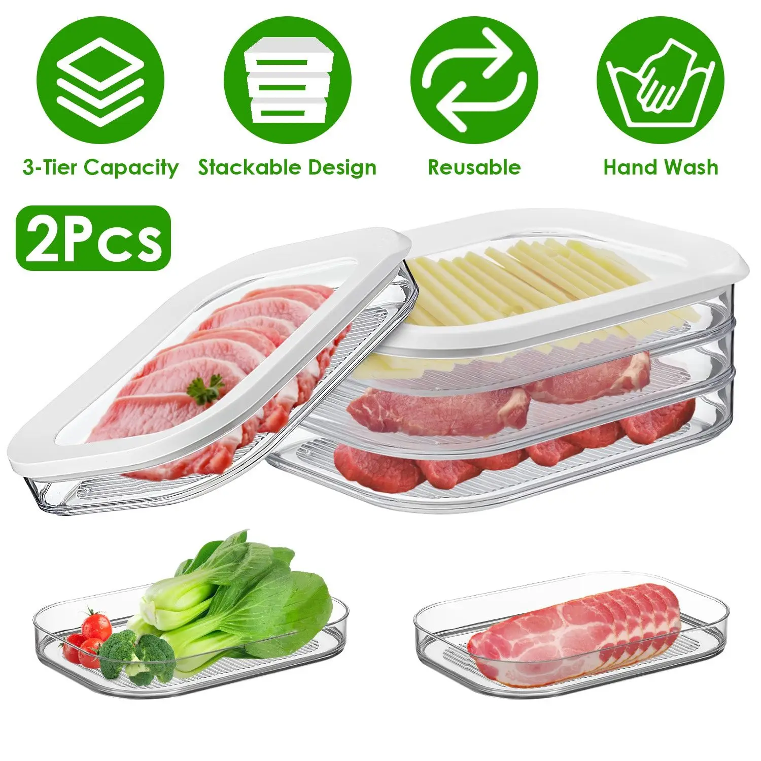 

For 2Pcs Deli Meat Container With Lid for Fridge Stackable Bacon Container Clear Food Storage Box with Lid Meal Prep Container f