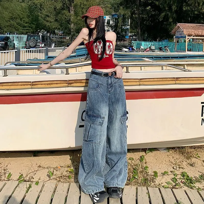

Wasteland Style Multi-Pocket Wide-Leg Work Jeans Women 2025 Spring Autumn New High-Waist Loose Straight Pants