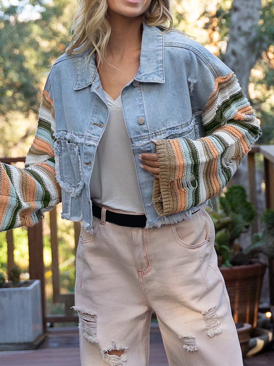 Manteau en Denim à manches longues pour femmes, vêtement d'extérieur avec poches et col rabattu, à la mode, motif rayé de couleur contrastée, Patchwork