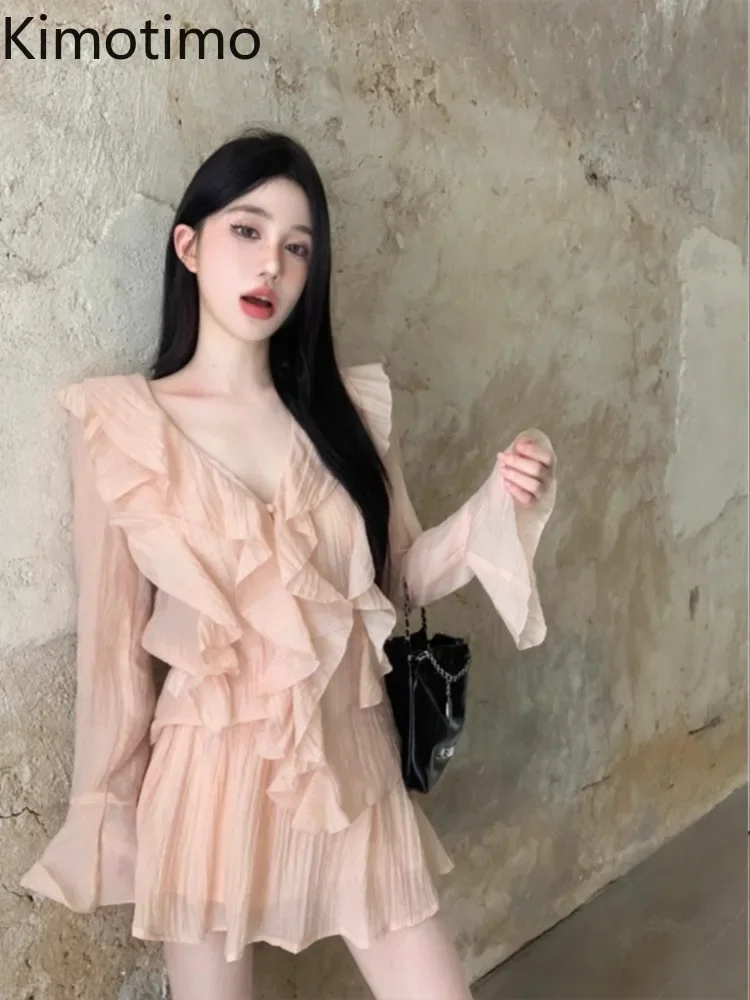 Kimotimo Women Two Piece Sets French Gentle V Neck Ruffled Waist Flare Sleeve Shirt Spring High Waisted Casual Shorts Y2k Suits