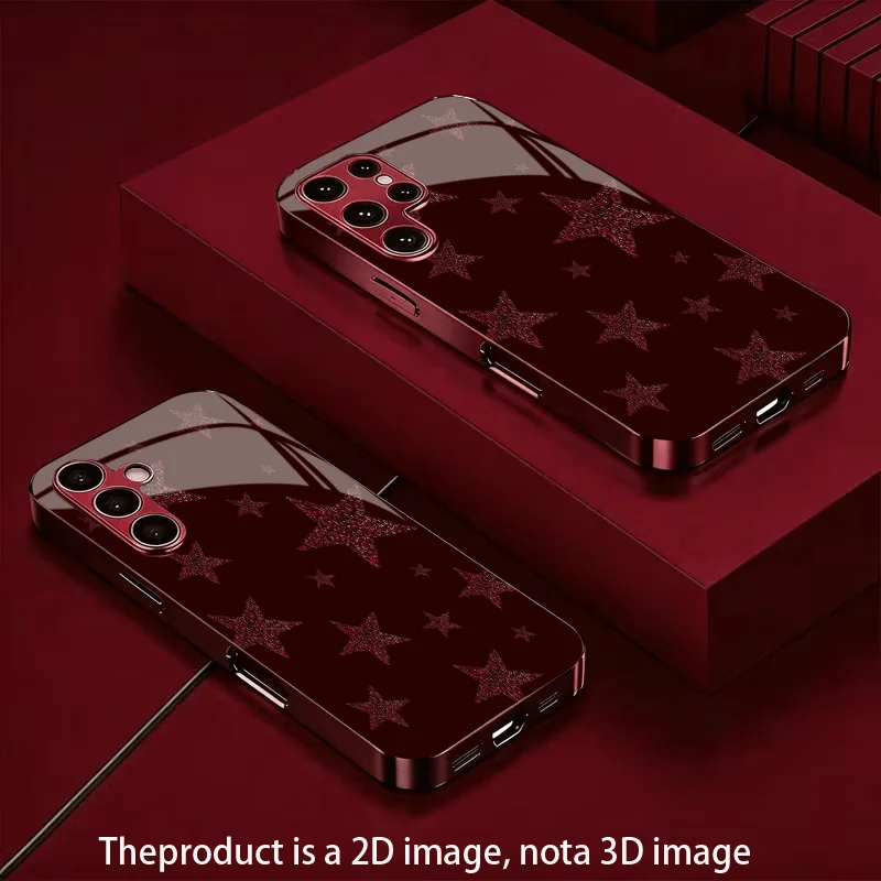 Dark red sparkling star pattern glass phone case suitable for Samsung Galaxy S26 S25 S24 S22 S21 S20 FE/Ultra/Plus anti drop