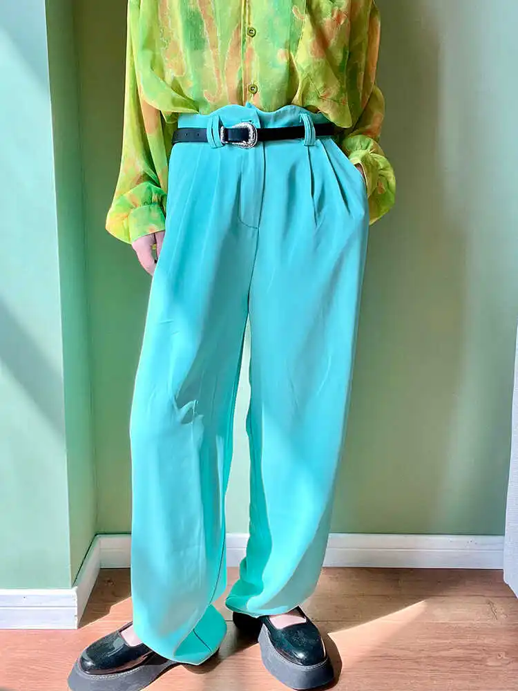 

Оригинальный дизайн, мятные брюки с волнистым поясом, прямые брюки с высокой талией, тонкие, из полиэстера, длинные, для женщин, лето 2024