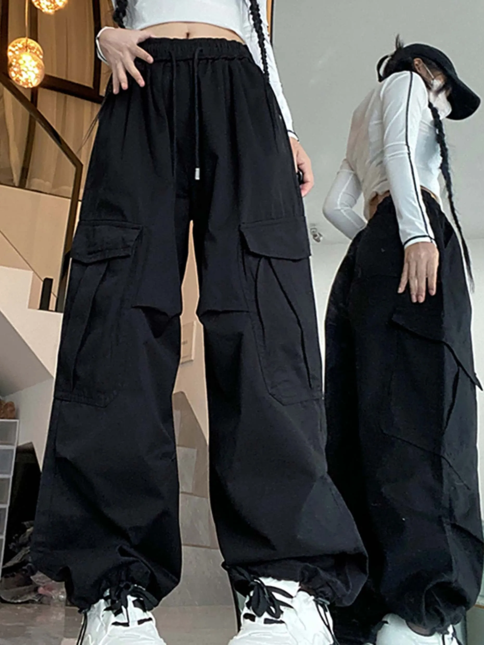 Pantalon de travail militaire rétro américain, décontracté, style streetwear, fonctionnel, ample, large, à jambes larges, avec cordon de serrage, pantalon long