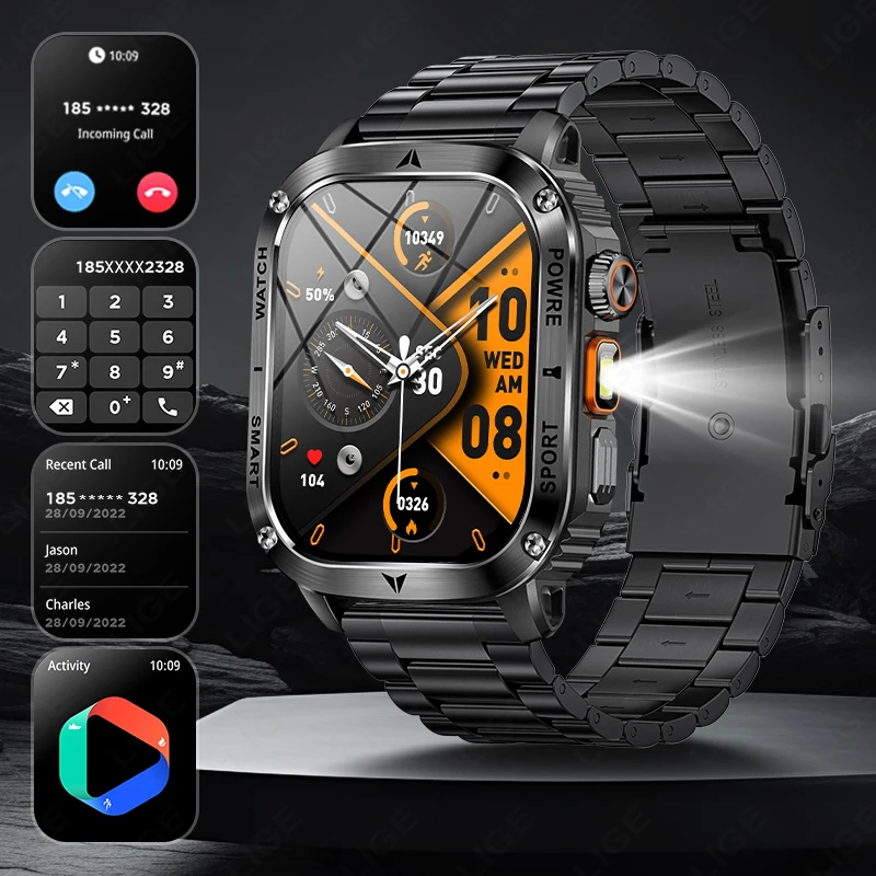 LIGE 2.01-inch Screen Watch Outdoor Flashlight Smart Watch Men Bluetooth Call IP68 Waterproof Health Monitor Smartwatch Man 2025