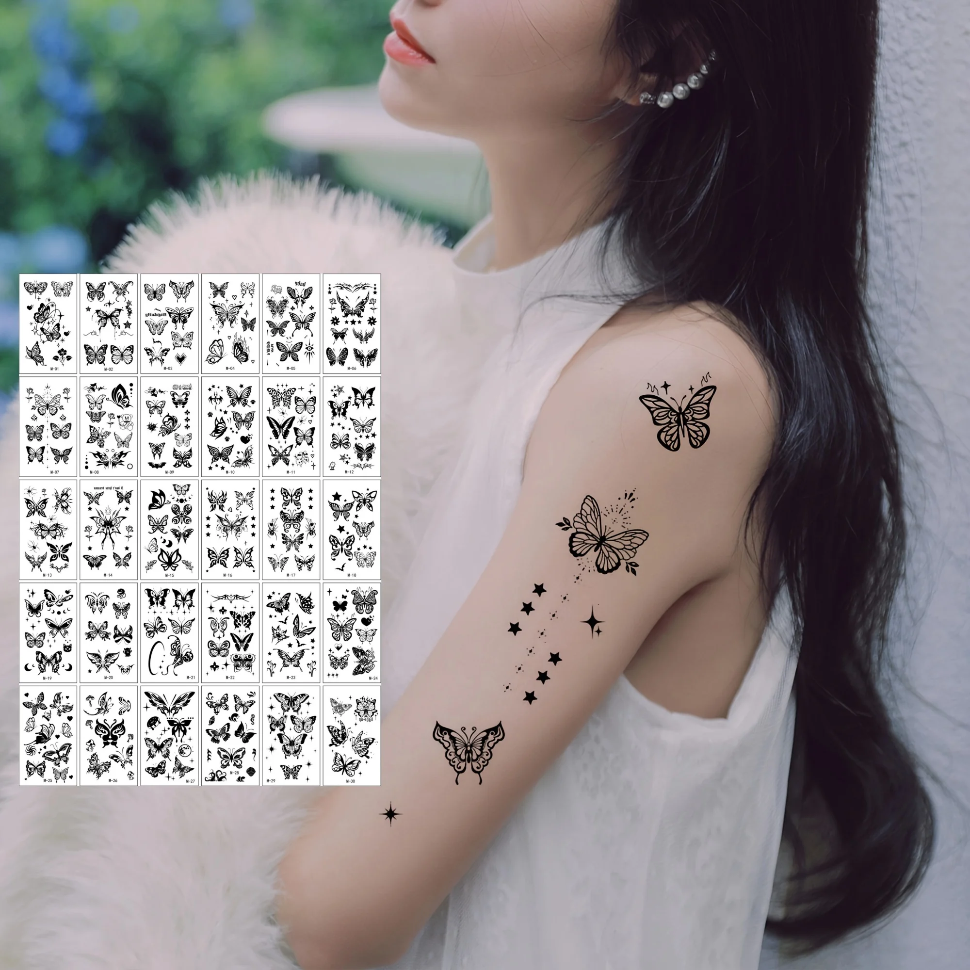 30sheets Fake Tattoo Sticker for Girl Women Black Butterfly Tiny Heart Moon Temporary Tattoo Transfer Painting Hand Chest Feet