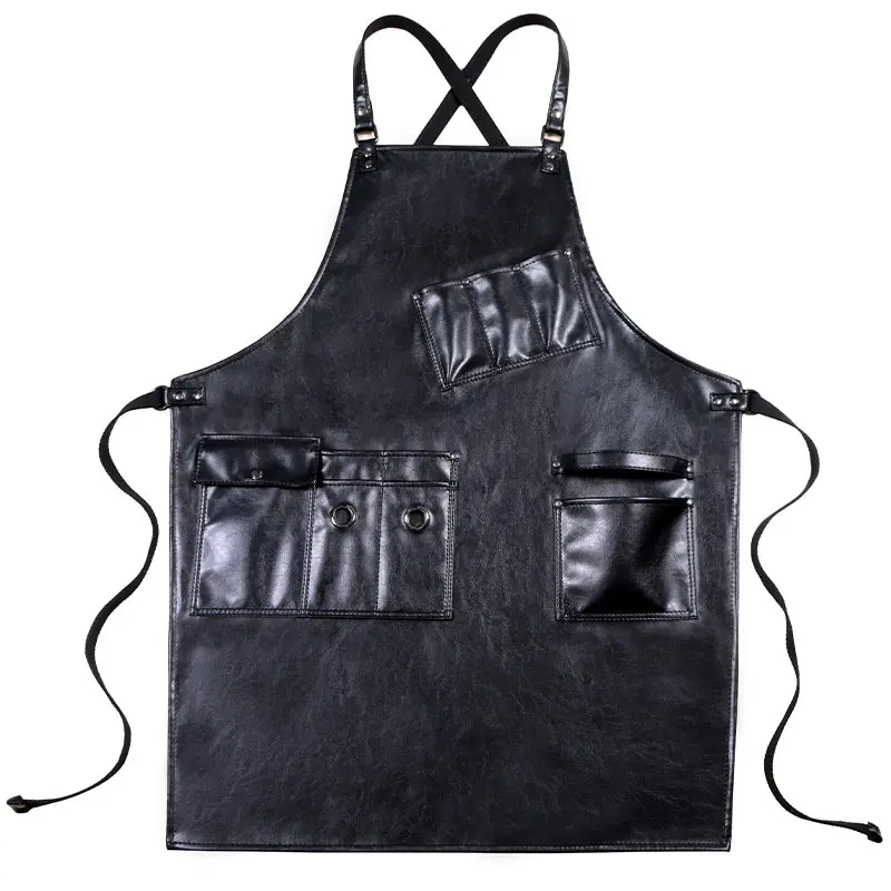 Cross-back Black PU Apron Florist Barber Hairdresser Carpenter Workwear Cafe Barista Bartender Pastry Chef BBQ Grill Uniform F14