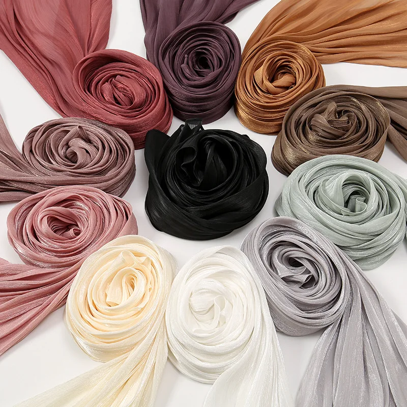 New Premium Silk Crinkle Chiffon Hijab Scarf Women Shawls Plain Muslim Wrap Stoles Turban Pleated Scarves Shimmer Shiny Foulard