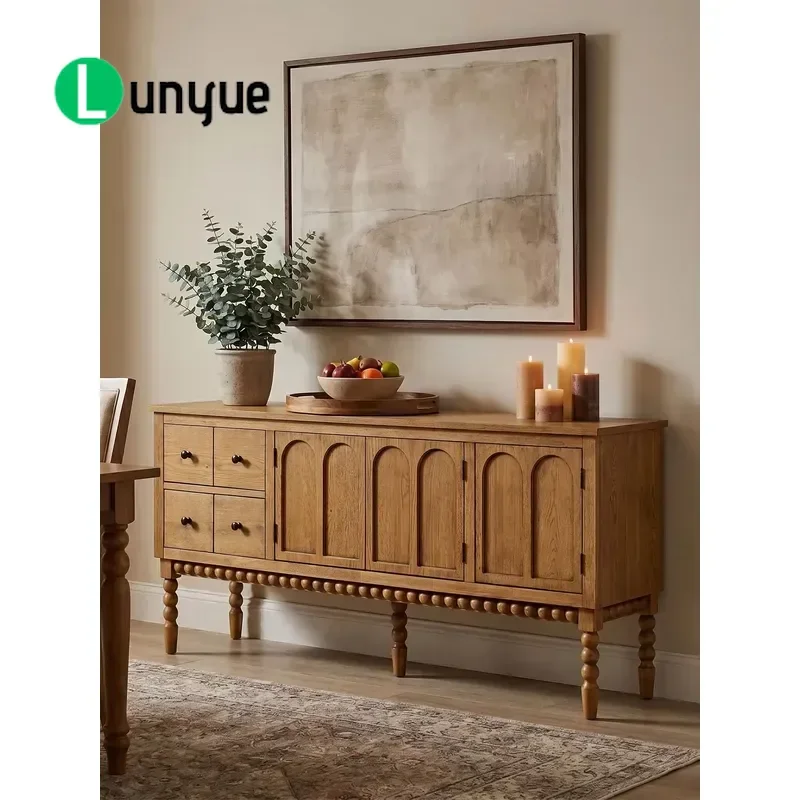 American Retro Solid Wood Side Cabinet French Arched Door TV Stand with Drawer and Locker Wall Mounted Storage for Living