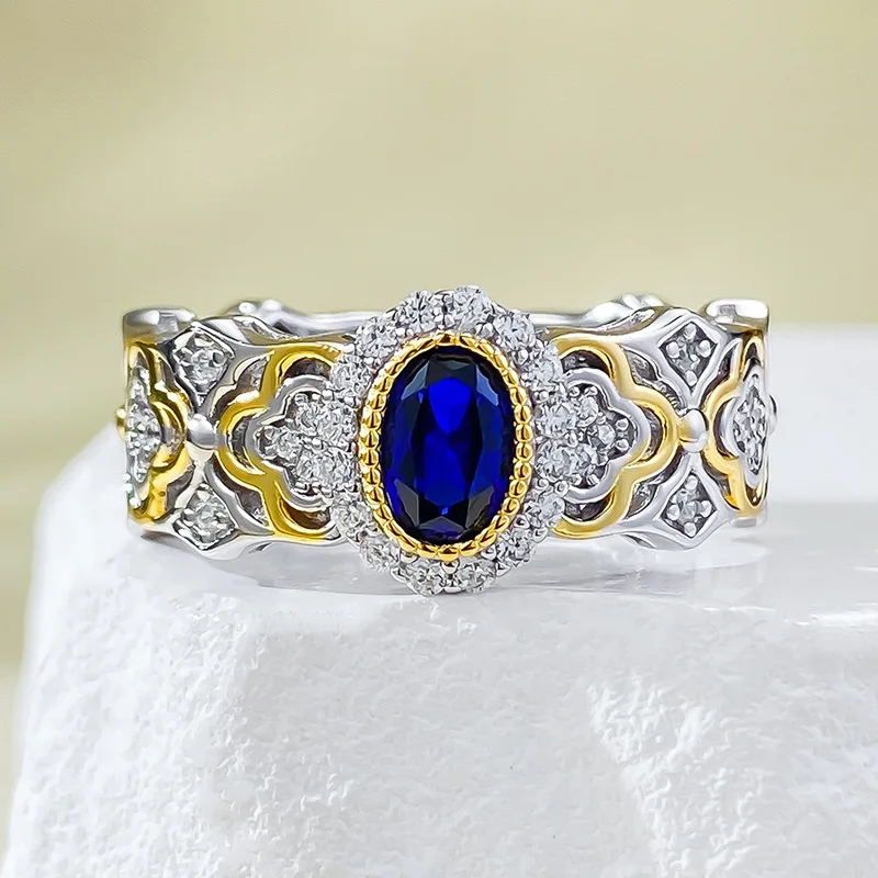 

S925 Silver Ring French Romantic 4 * 6mm Royal Blue Zirconia Women's Jewelry