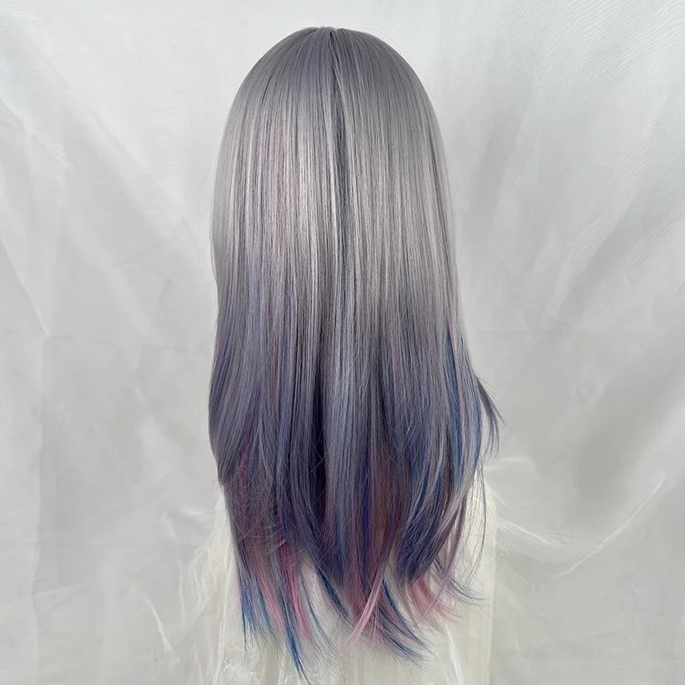 Women Fluffy Wig for Daily Party Lolita Cosplay Synthetic Short Straight Gray Pink Ombre Blue Highlights Layered Wig