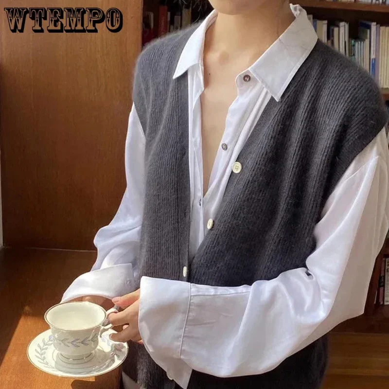 WTEMPO New Knitted Vests Office Ladies Japanese Style V-Neck Button Cardigans Coats Women\'s Spring Fall New Elegant Sweater Vest