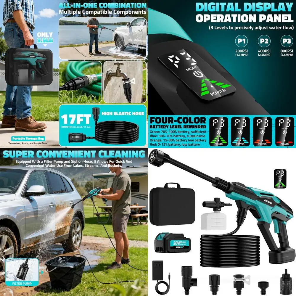 

Аккумуляторная портативная мойка высокого давления 800 фунтов на кв. дюйм с бесщеточным двигателем, аккумулятором 4.0 Ач, насадкой 6-в-1, 3 уровнями мощности, идеально подходит для Ya