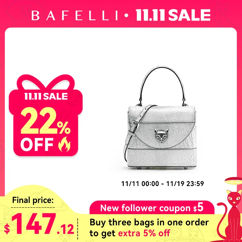 

BAFELLI 2025 New Arrival: Unique Cracked Leather Shoulder Bag with Cat Head Design, Luxury Brand Mini Crossbody Bag