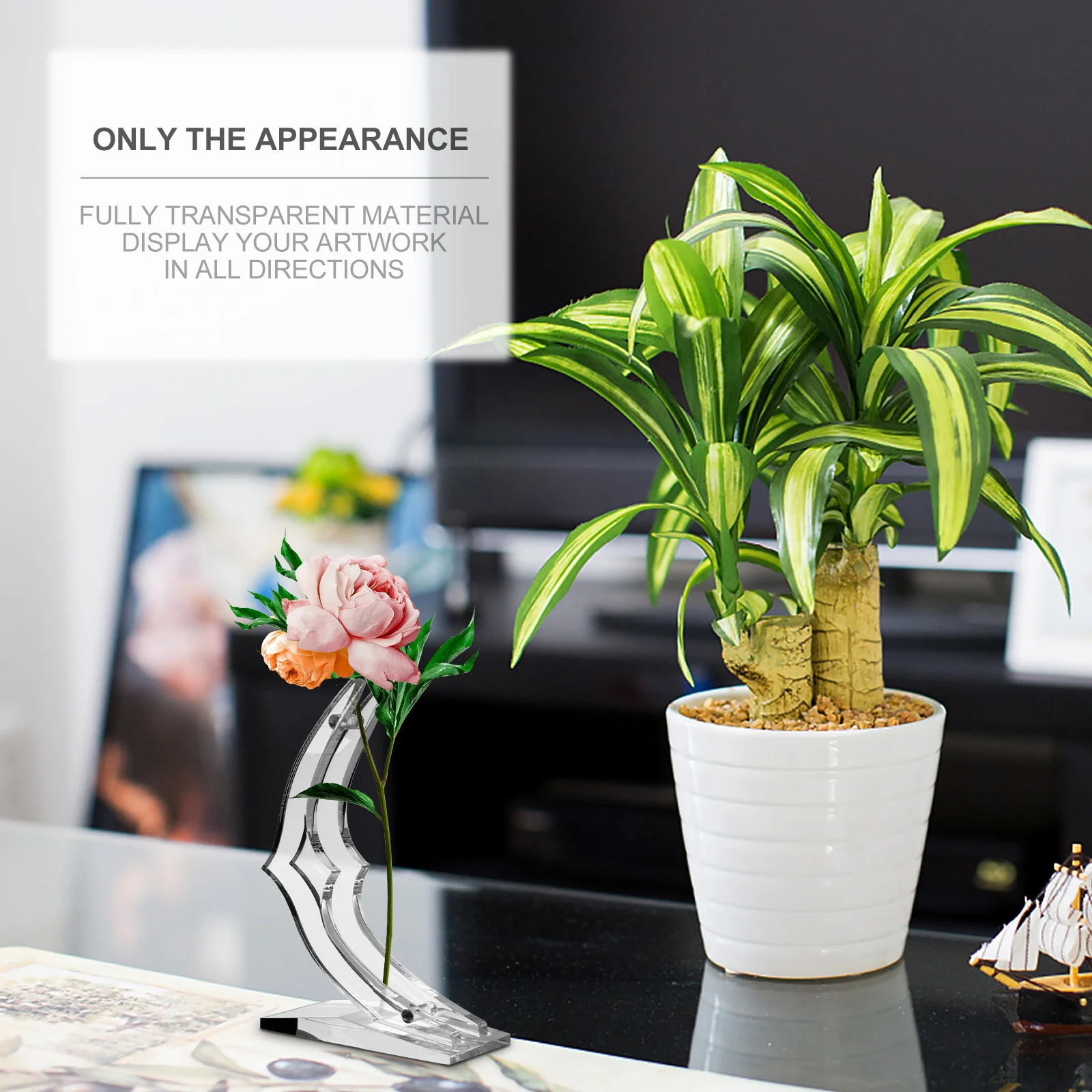 

1Pcs Acrylic Rose Display Stand Transparent Moon Shape Flower Support Base for Gold Leaf Roses Art Fake Flowers Home Decoration