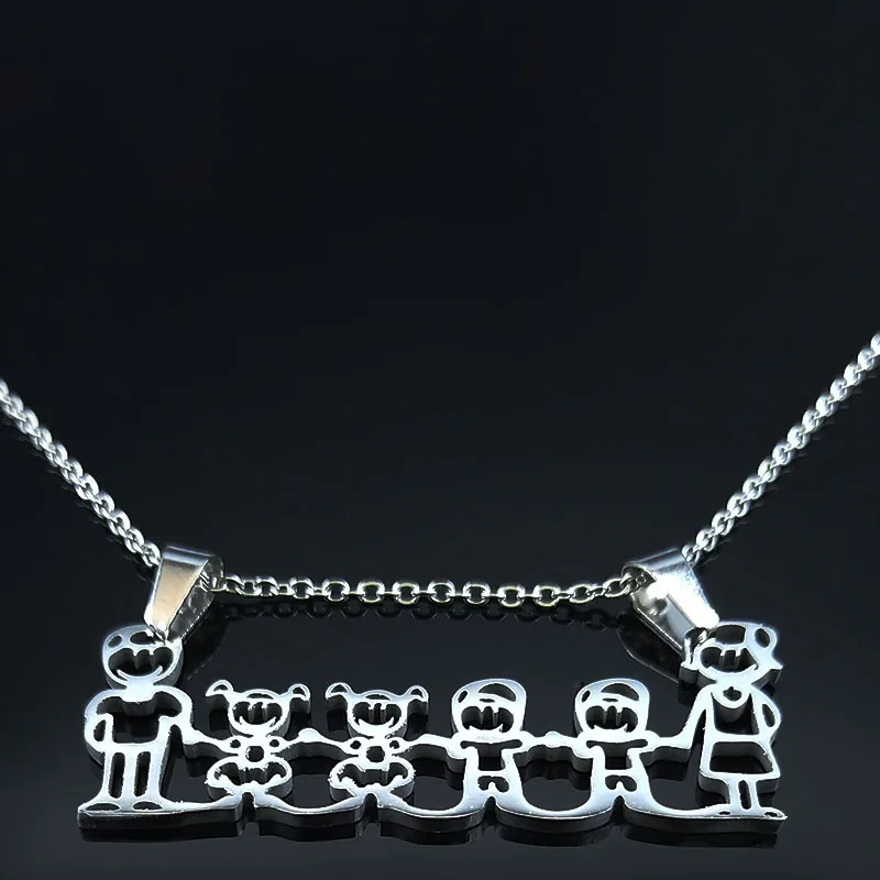 Family Mum Dad and Two Boys Two Girl Stainless Steel Statement Necklace Women Silver Color Necklaces Jewerly joyas N301S01