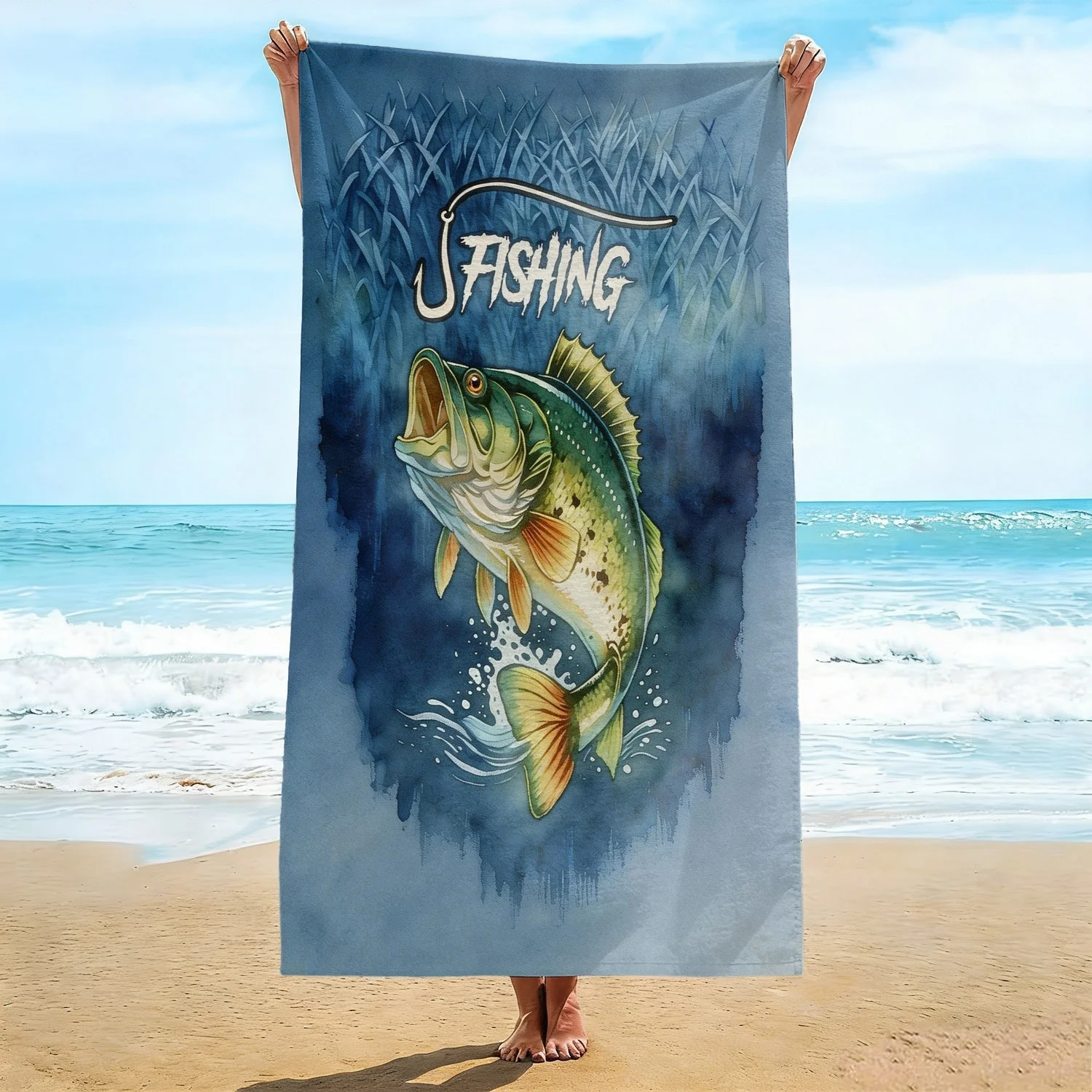 Fisherman's Bass Beach Towel Watercolor Largemouth Bass Fishing Hook Pattern Bath Towel Outdoor Fishing Enthusiast Beach Blanket