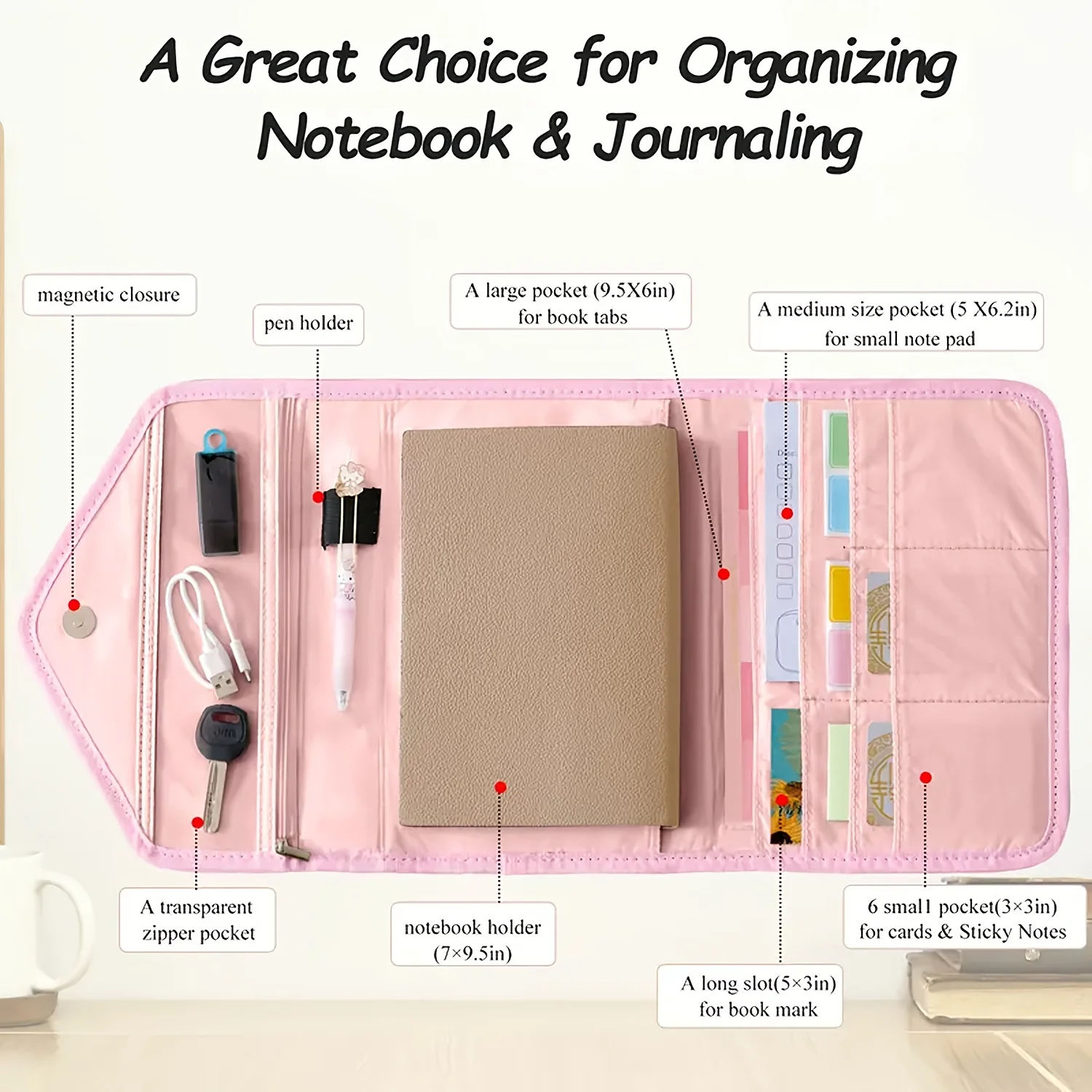 Portable Multi-compartment Journal Organizer Pen Loop Card Slots Zipper Pocket Travel Stationery Storage Case for Students Book