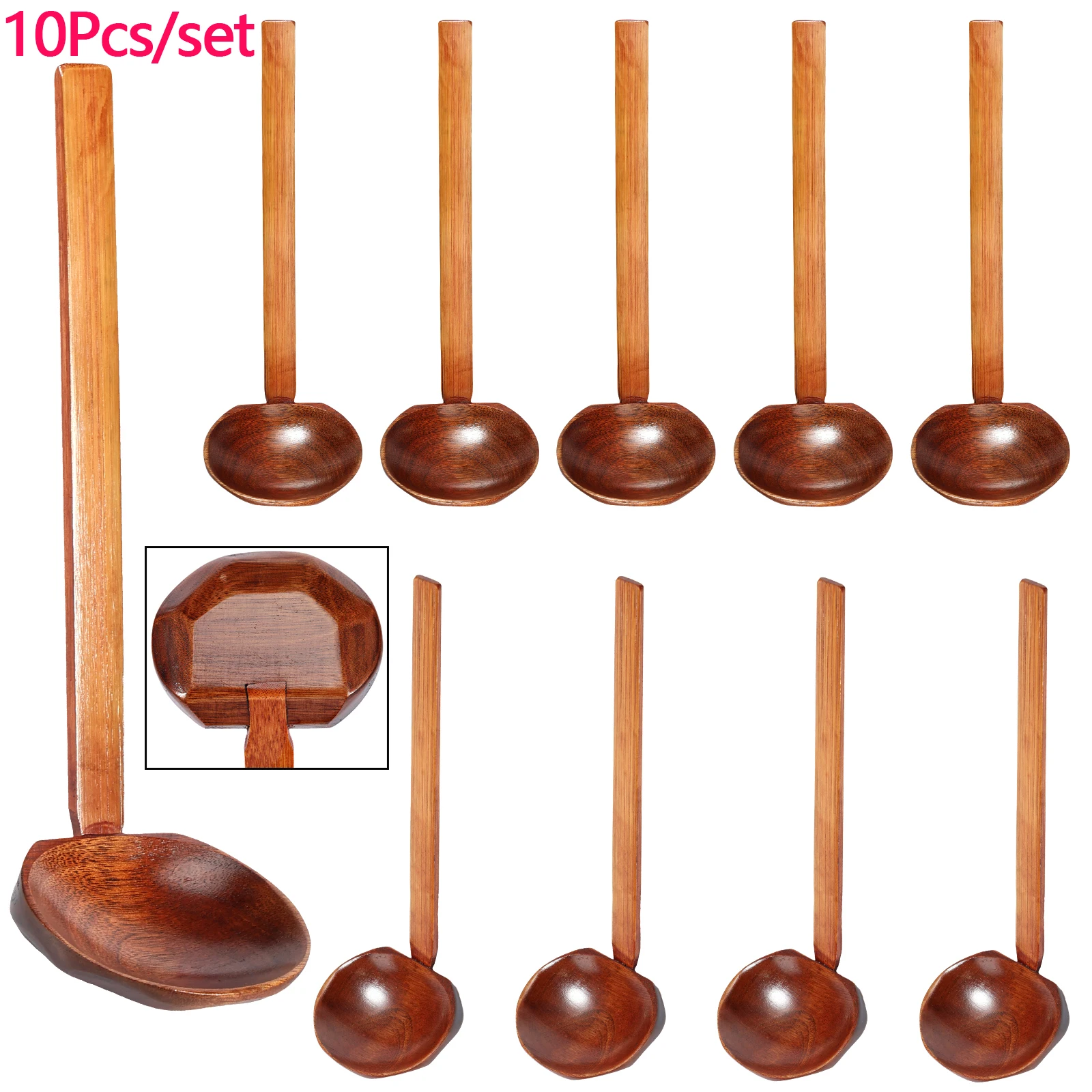 

10Pcs Wooden Cooking Spoon Wood Soup Spoon with Long Handle Japanese Style Ramen Spoons Anti-scalding Soup Ladle For Kitchen