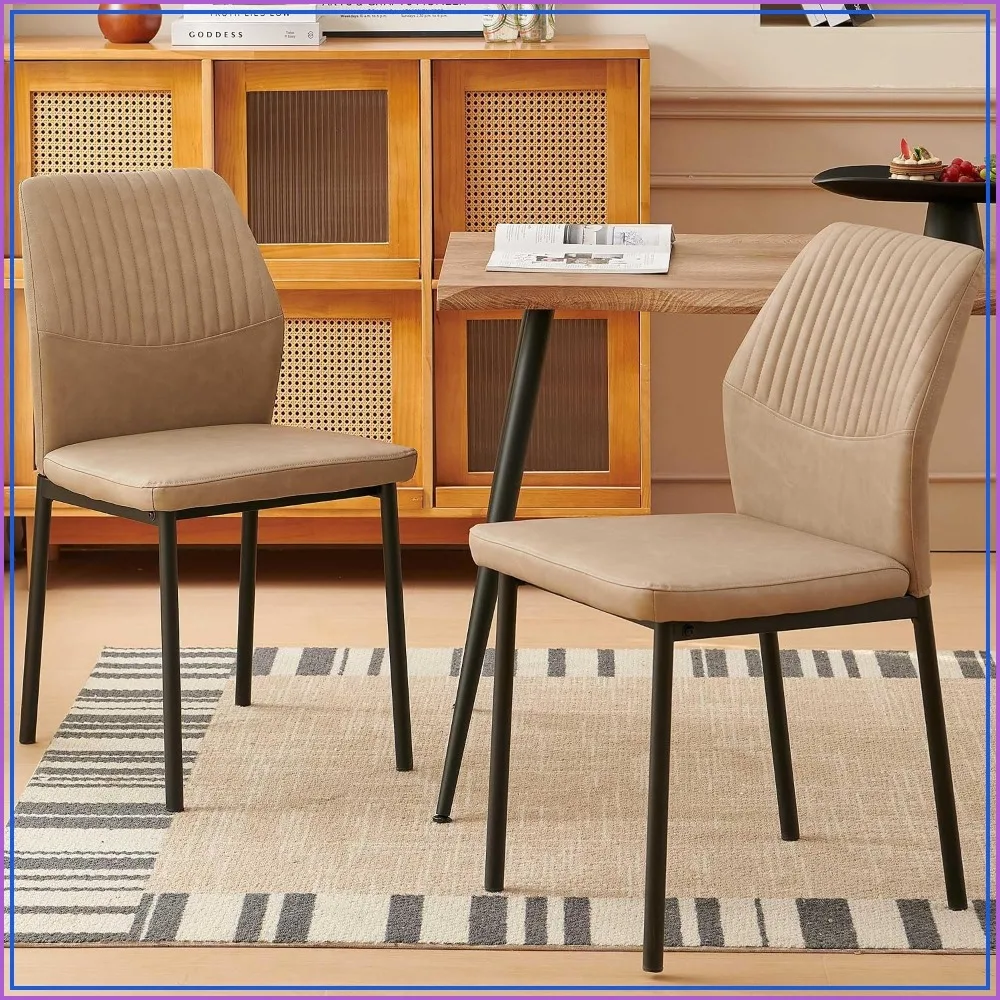 PU Leather Dining Chairs Set of 2, Mid-Century Modern Beige Kitchen Chairs with Black Metal Legs