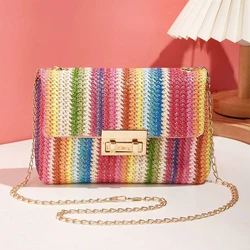 Multi Colored Striped Straw Clutch Handbag for Women Casual PU Leather Weave Summer Beach Purse Crossbody Shoulder Messenger Bag