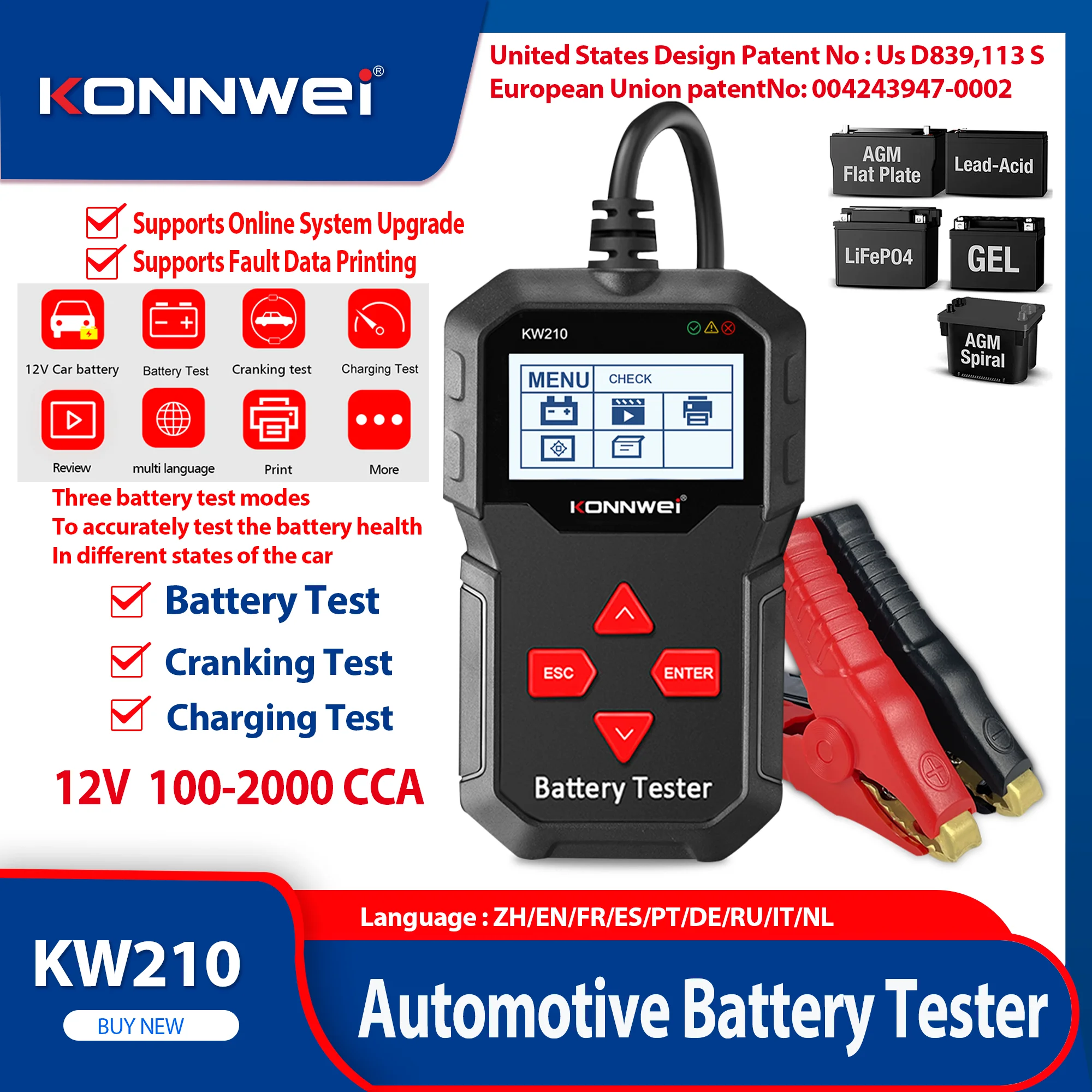 2025 KONNWEI KW210 12V Car Battery Tester Automatic Smart Auto Battery Analyzer 100 To 2000CCA Cranking Car Battery Tester Tool