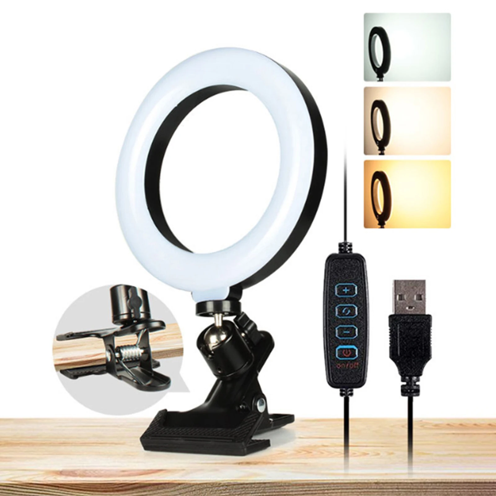 6inches LEDs Selfie  Light with Clamp USB Operated 3 Colors Temperature Changing/ 3 Levels Dimmable Brightness Adjustable&