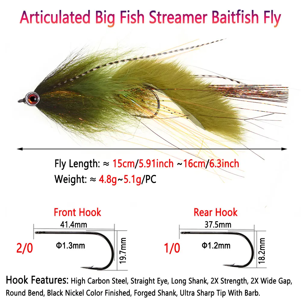 1/4 Stück, langer, beweglicher Köder in Form eines großen Fisches, Fliegenköder, Blinkköder, Grizzly-Sattel-Hackle-Köder, für Forellen, Hechte, Muske, Barsche, zum Angeln im Meer. – Detail 2