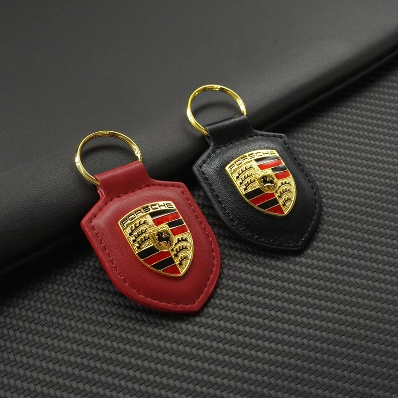 Leather Shield Car Keychain Men Women Gift Lanyard Key Ring Jewelry For Porsche 911 Cayenne Cayman Panamera Macan Taycan Boxster 