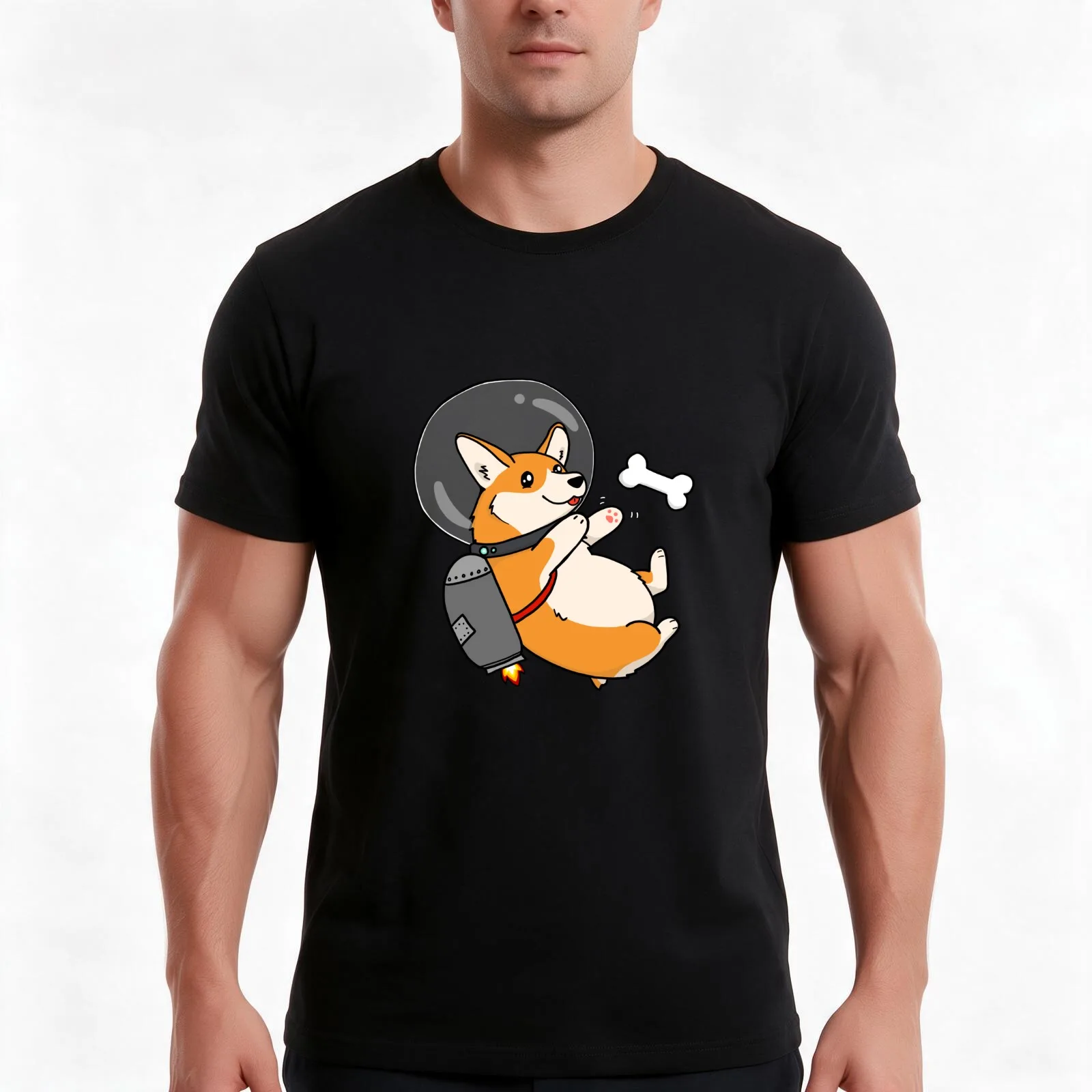 chubby space jetpack corgi T-Shirt, Summer Casual Cotton Tee, Oversized Streetwear Tops, Vintage Graphic Print, Unisex Men Women