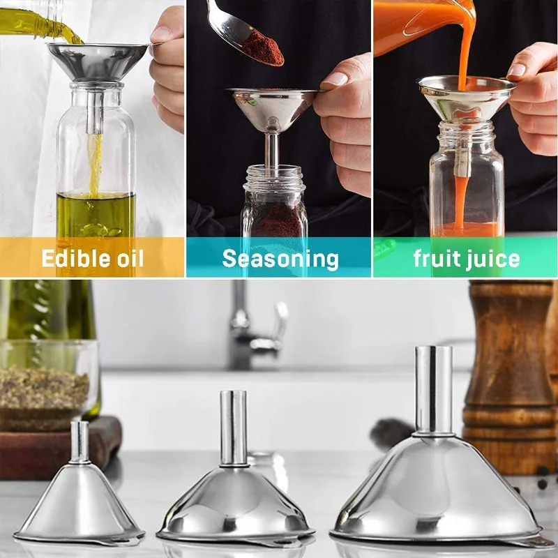 Juego de embudos de acero inoxidable para botellas, herramientas de cocina multifunción, aceites esenciales, especias, transferencia de embudos líquidos, fácil limpieza