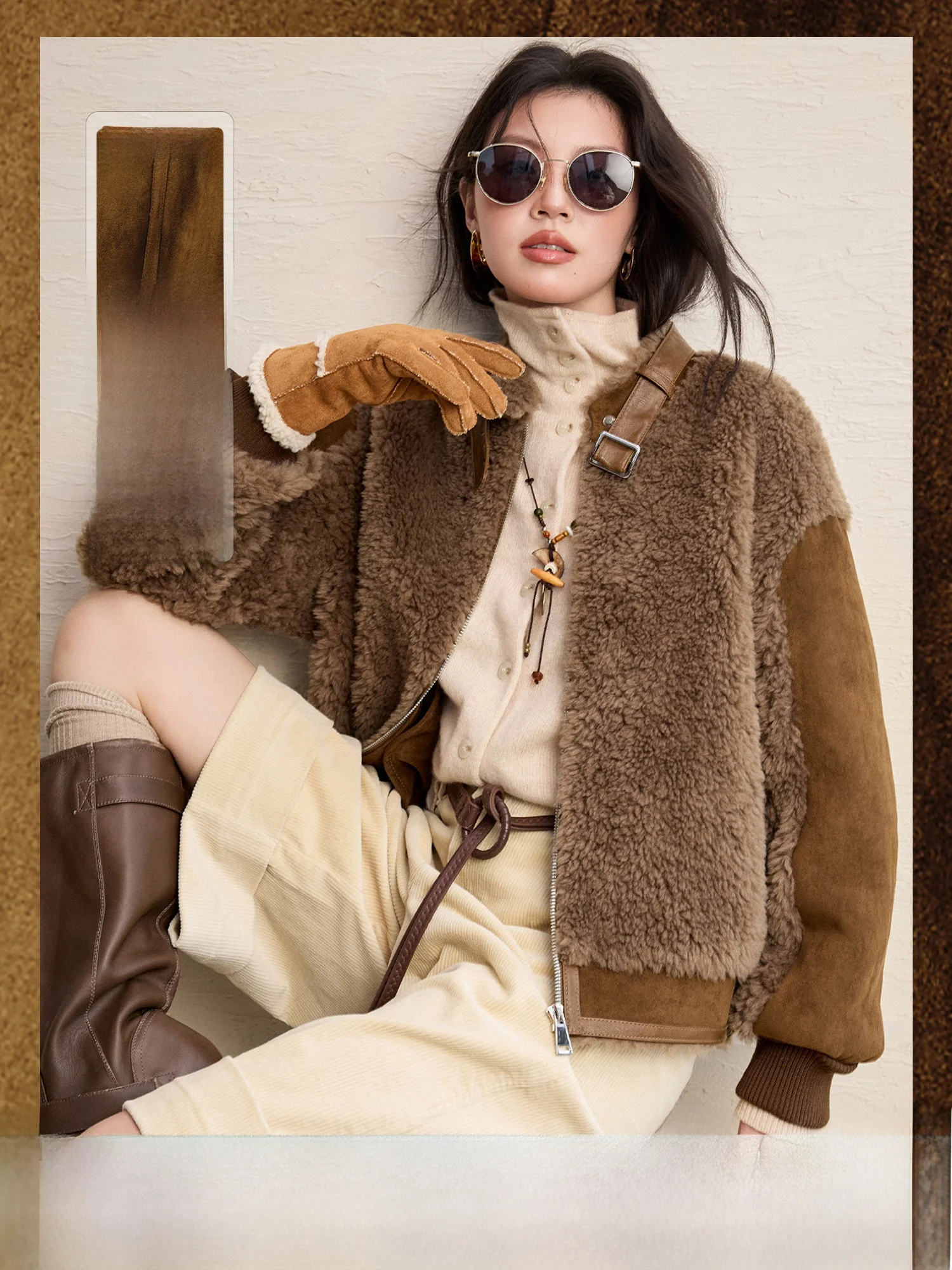 

Faionable Full Wool Suede Velvet Patchwork Autumn Winter Fur Coat Women's Casual Sle ort Length Sve Long Coat