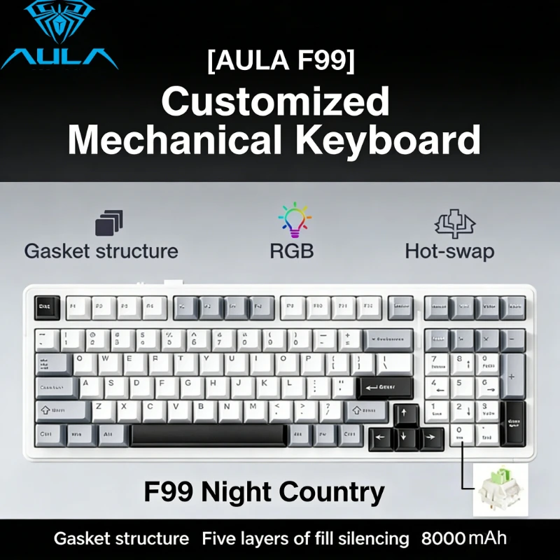 

AULA F99 Mechanical Keyboard 99 Keys Three Mode 2.4G Wireless Bluetooth Wired Gasket Mount Hot Swap PBT Keycaps RGB Backlit Gami