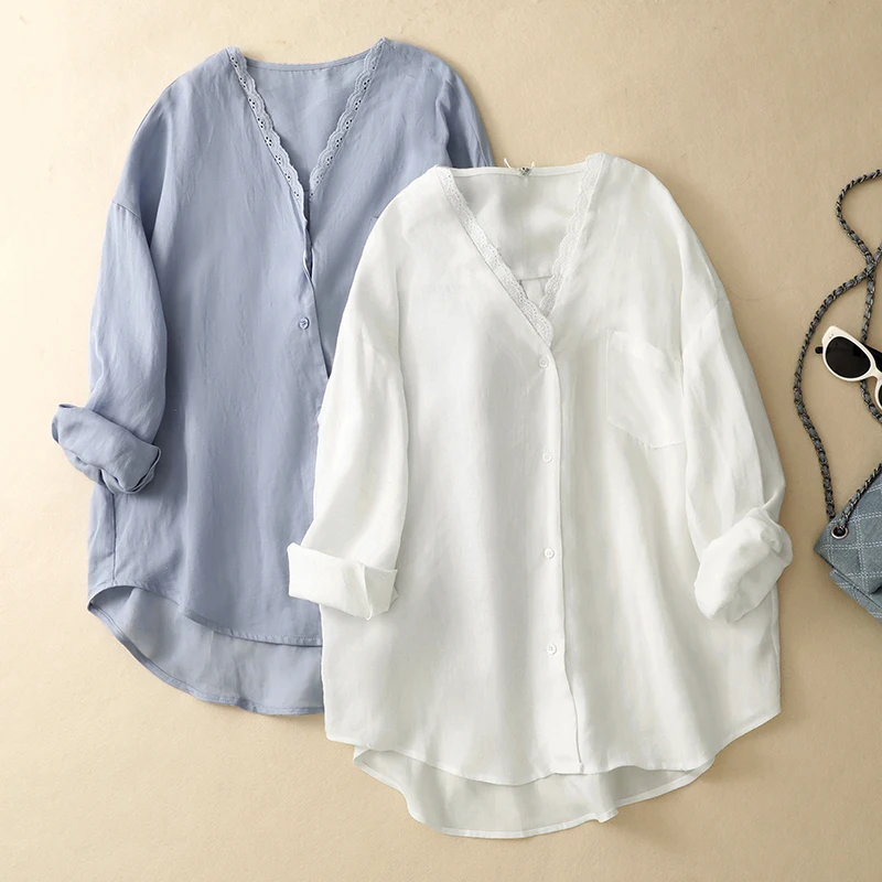 

2026 Summer Women's Loose Fit Linen Shirt Lace Patchwork Sun Protection Thin Style Korean System White Color Block Blouse