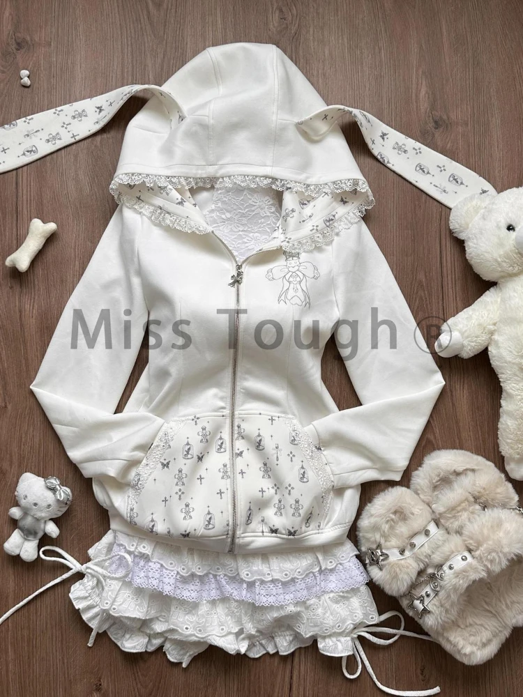 Autumn Korean Preppy Style Sweet 2 Piece Set Women Hooded Print Tops + Cake Mini Skirt New Design Sense Fashion Fairy Cute Suit