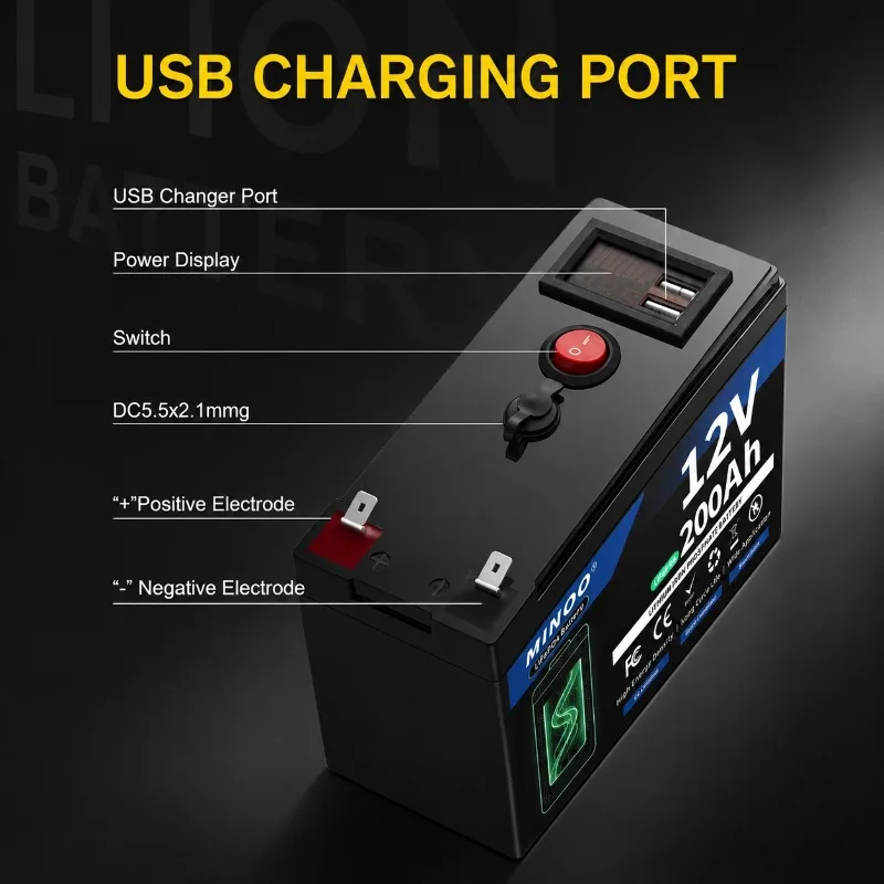 12V 200Ah LiFePO4 Battery Deep Cycle Rechargeable Built-in BMS Lithium 200Ah for Power Wheels Scooters Fish Finder Free Charger