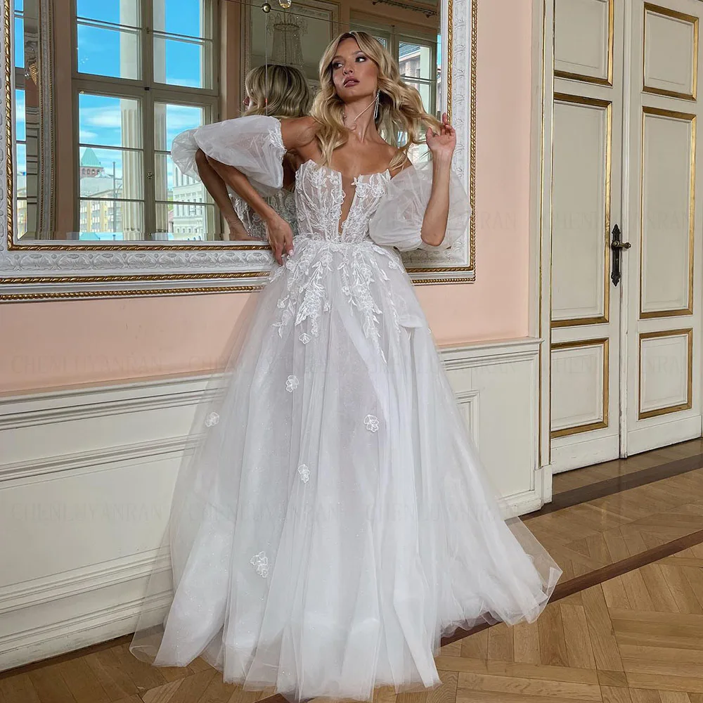 

Ivory High Quality Wedding Dresses Puff Sleeves Applique Long Bride Dress A-Line Boho Sexy Dresses For Women 2023 Robe De Mariee