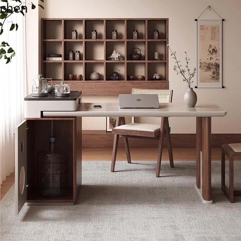 HXL Balcony Tea Table Extendable Tea Table Office Integrated Solid Wood Rock Board Tea Table