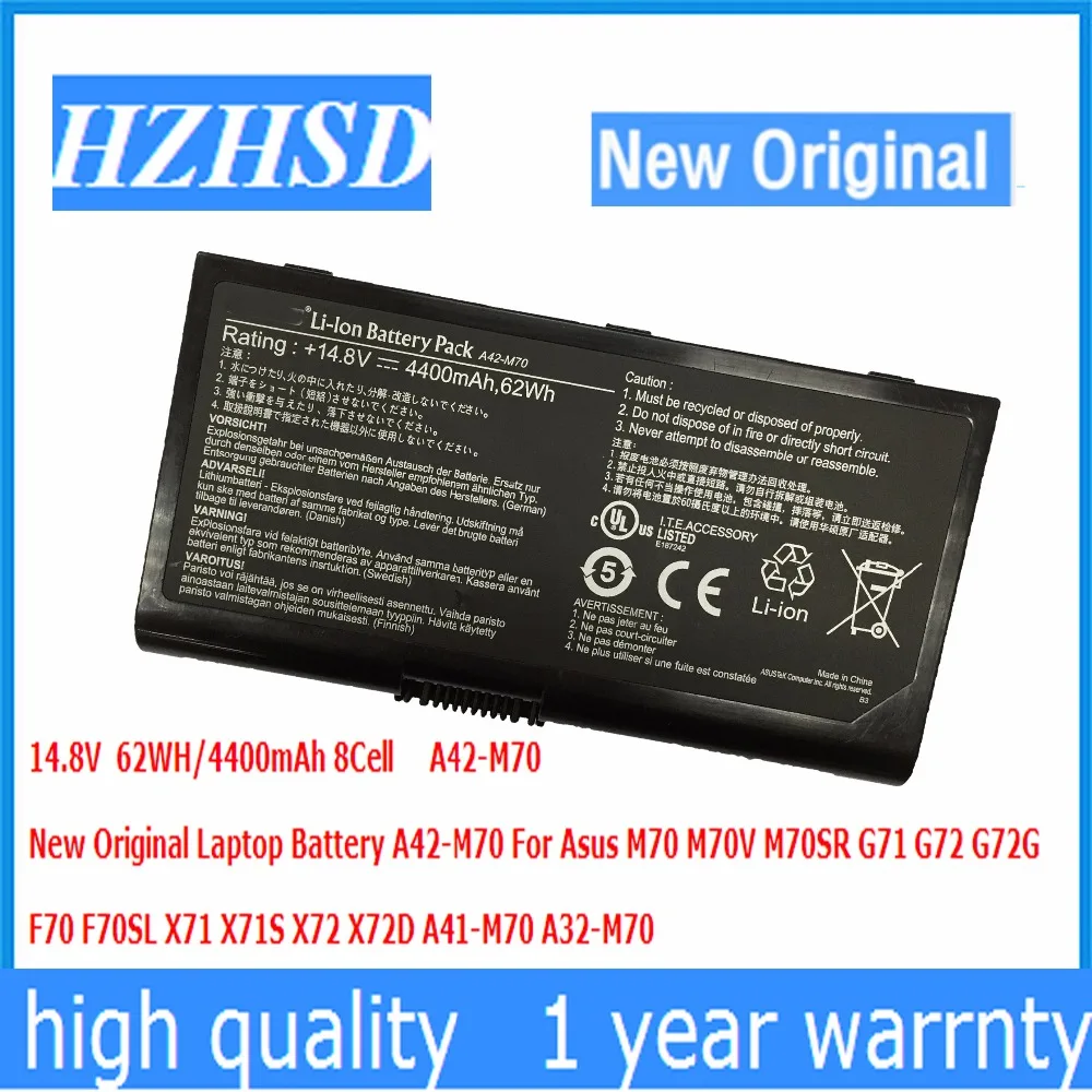 14.8V  62WH/4400mAh 8Cell New Original A42-M70 Laptop Battery For Asus M70 M70V M70SR G71 G72 G72G  F70 F70SL A41-M70 A32-M70